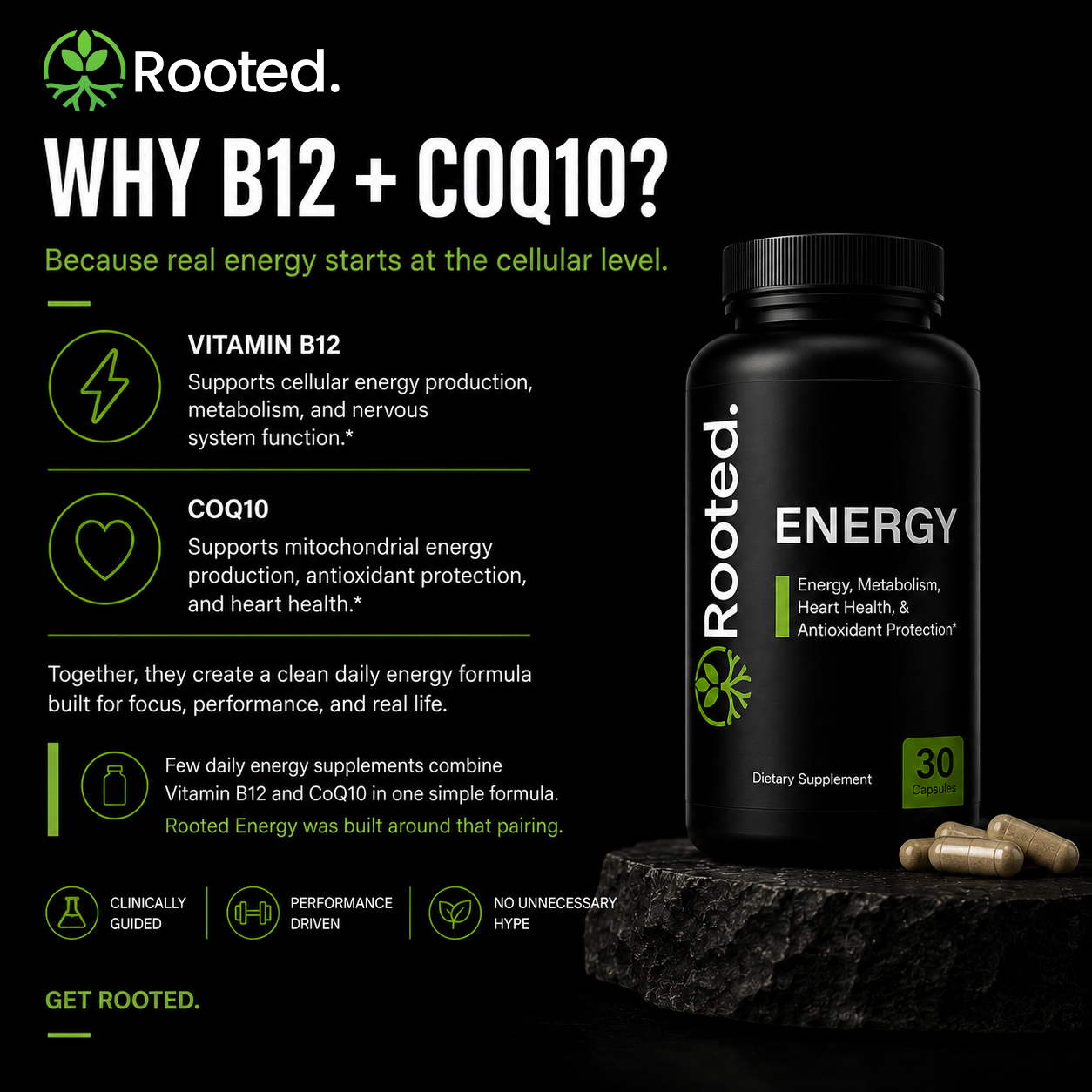 Rooted Energy – Vitamin B12 + CoQ10 Daily Energy Support (3-Pack)